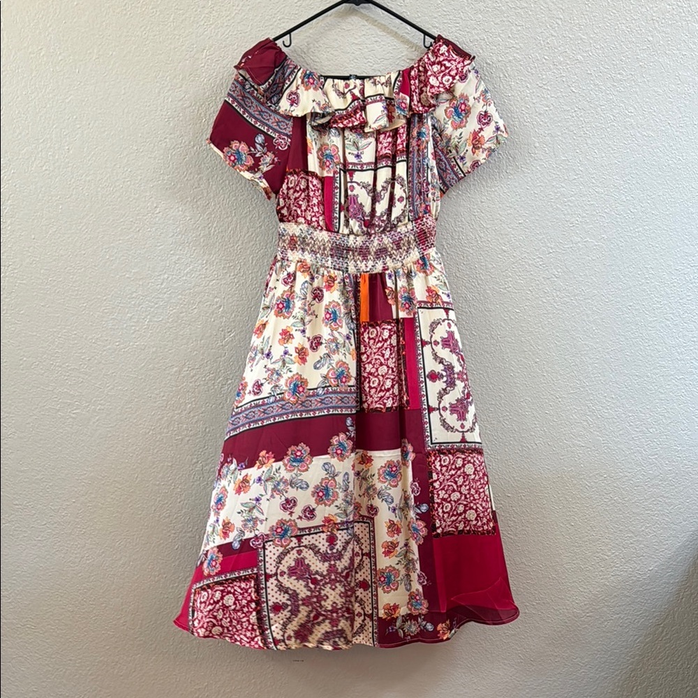 Lapis Floral Patchwork Midi Dress - Red and Cream